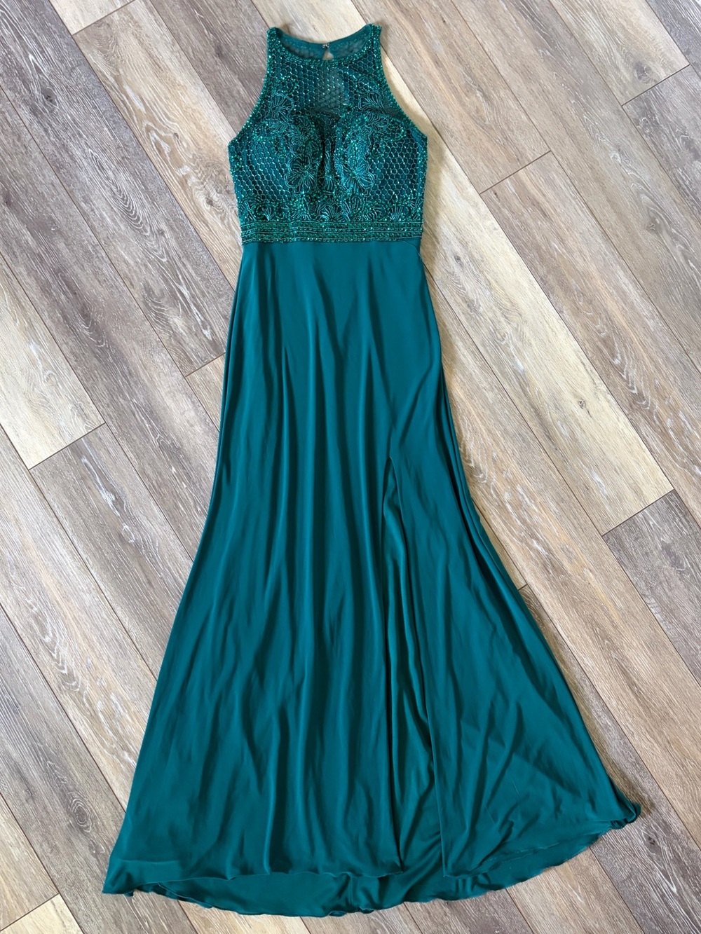 Sherri Hill Teal Beaded Halter Prom Gown with Side Slit - Picture 3 of 15